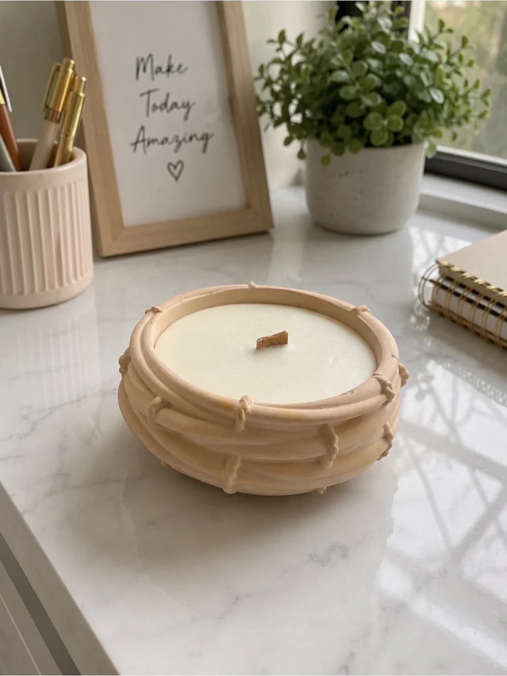 Cream Ceramic Bowl Candle with Wooden Wick - Home Accents